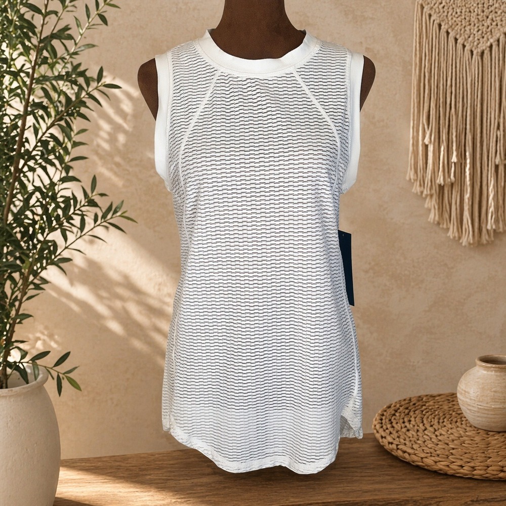 Mono B Sleeveless Stripe Tank Top Womens Large White Semi Sheer Athletic NWT